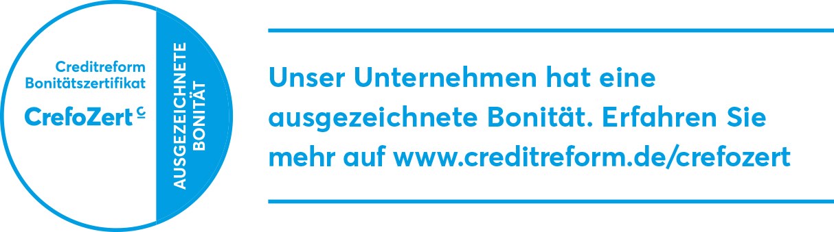 Unser Unternehmen wurde von der Creditreform für eine hervorragende Bonität ausgezeichnet.